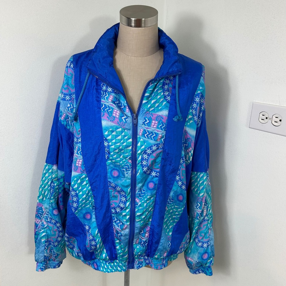 Vintage 90s‎ Avait Sport Nylon Jacket Full Zip Abstract Print Blue Retro M
